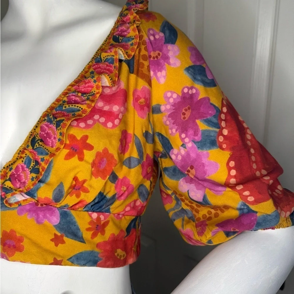 FARM Rio Floral Yellow and Pink Puff Sleeve Crop Blouse
